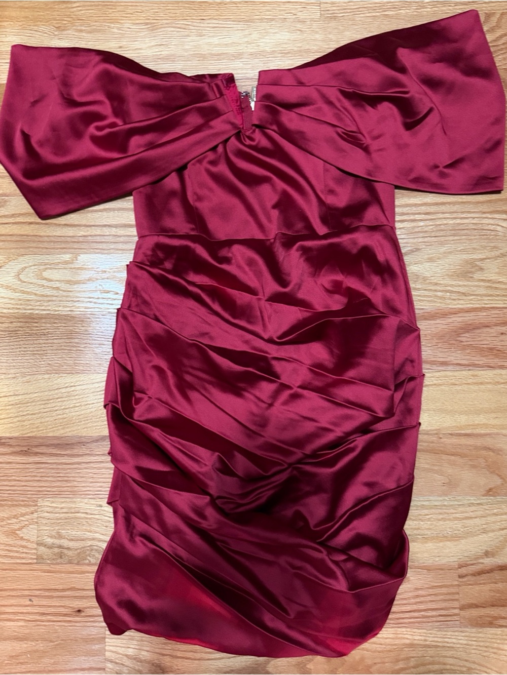 Miss Circle Burgundy/Wine Satin Off-the-Shoulder Ruched Mini Dress – Size XL